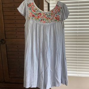 Size S. Philosophy dress. White and blue pinstripe with beaded neckline.